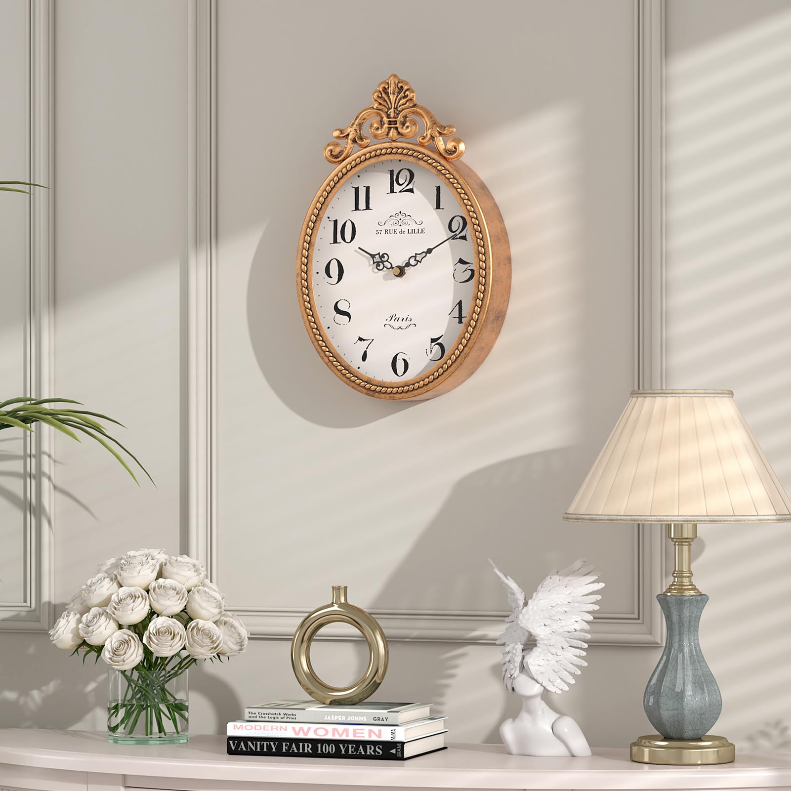 Abdurey Small French Retro Decorative Wall Clock, Antique Gold Vintage Oval Style,Silent Battery Operated Boho Decor Wall Clocks for Farmhouse,Kitchen,Bedroom,Bathroom(10.4