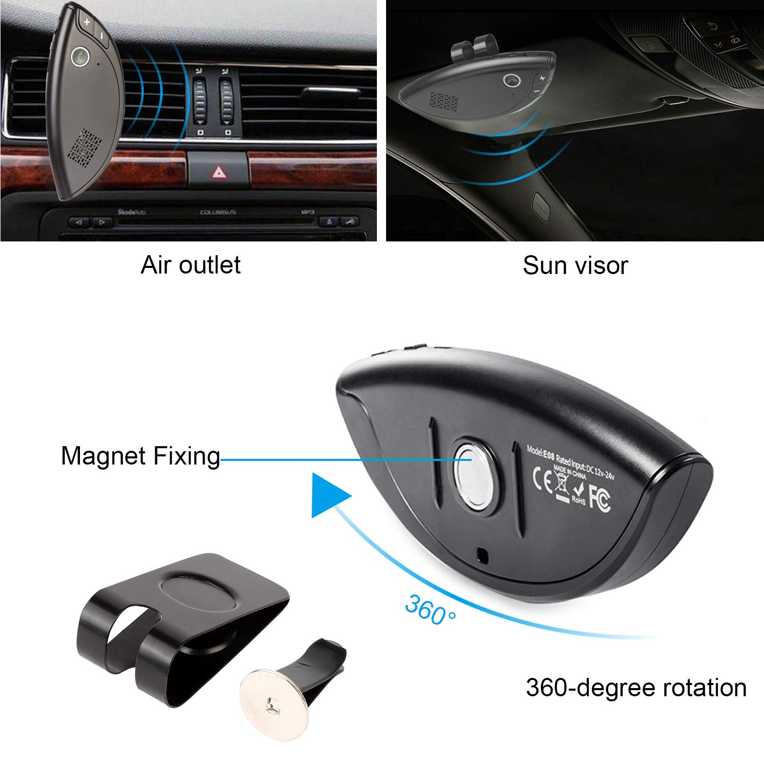 Kfz Freisprecheinrichtung, slopehill Auto Bluetooth Freisprechanlage Lautsprecher für Sicheres Fahren im Gespräch, Car-Kit für Sonnenblende und Luftauslass Musik GPS Unterstützung