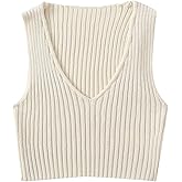 SweatyRocks Women's Ribbed Knit Crop Sleeveless V-Neck Sweater Vest Crop Tank Top