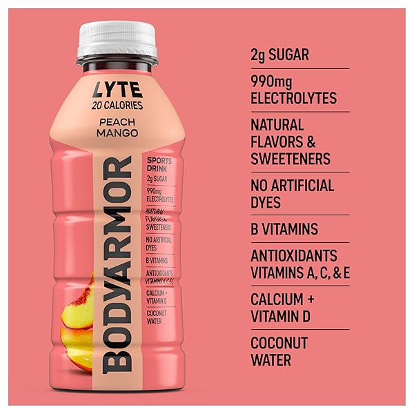 BODYARMOR LYTE SPORTS DRINK LOW-CALORIE SPORTS BEVERAGE, PEACH MANGO, NATURAL FLAVORS WITH VITAMINS, POTASSIUM-PACKED ELECTROLYTES, NO PRESERVATIVES, PERFECT FOR ATHLETES, 16 FL OZ