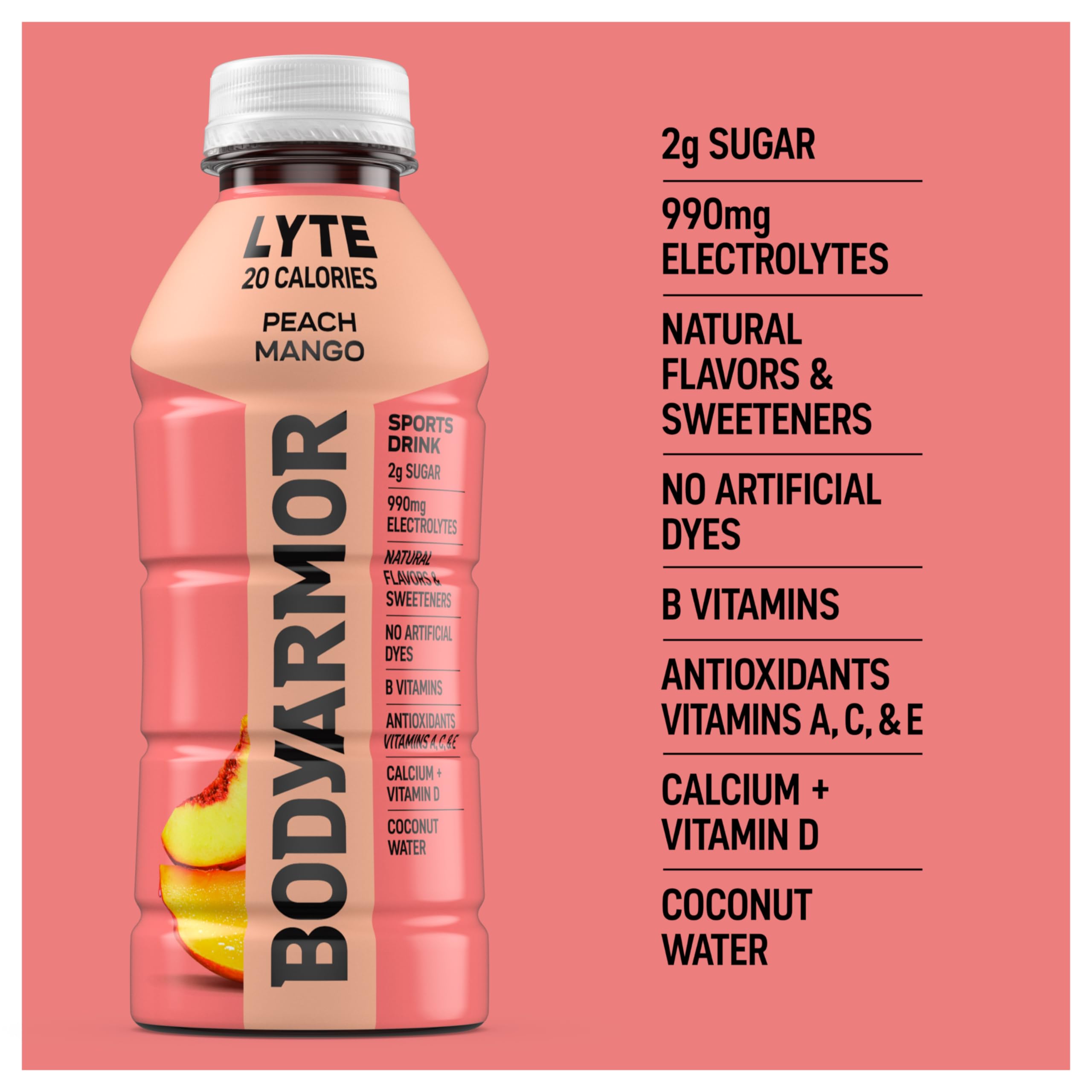 BODYARMOR LYTE Sports Drink Low-Calorie Sports Beverage, Peach Mango, Coconut Water Hydration, Natural Flavors With Vitamins, Potassium-Packed Electrolytes, Perfect For Athletes, 16 Fl Oz (Pack of 12)