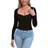 Galabris Women's Long Sleeve Stretch Shirt Scoop Neck Slim Fitted Cute Tops Sexy Deep U Breathable Casual Basic Tees