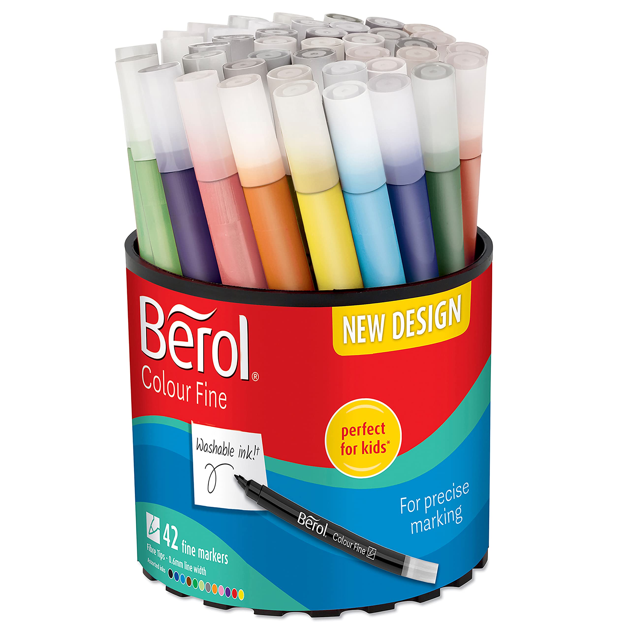 Berol Felt Tip Colouring Pens | Fine Point (0.6mm) | Assorted Colours with Washable Ink | Tub of 42 Markers — image 1