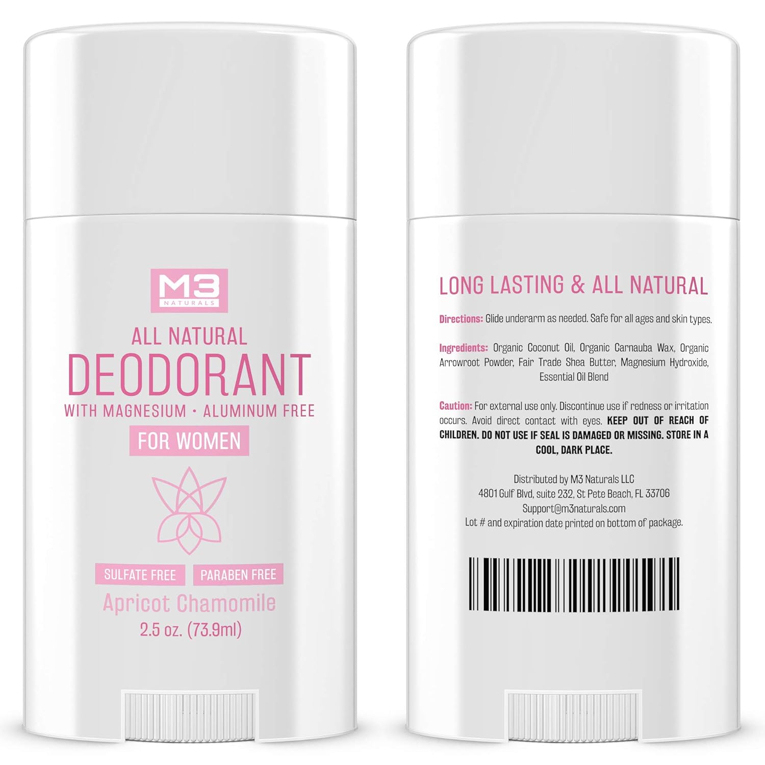 M3 Naturals All Natural Deodorant for Women with Magnesium, Apricot and Chamomile - Long-Lasting, Non-Toxic, Free of Aluminum, Baking Soda, Parabens, Sulfates and Gluten – Vegan, Organic 2.5 oz : Beauty