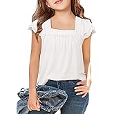 Arshiner Girls Shirts Short Sleeve Square Neck Summer Lace Openwork Pleated Tops Blouse Tunic