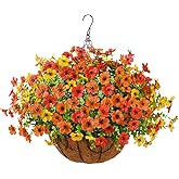 ZFProcess Artificial Faux Hanging Plants Flowers Basket for Fall Outdoor Decoration, Fake Silk Daisy in Planter Realistic UV Resistant Look Real for Porch Home Patio Balcony Yard(Red Orange Yellow)