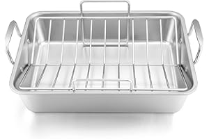 Leonyo Roasting Pan with V-shaped Rack, Stainless Steel Rectangular 16” Turkey Roaster Pan with Handles for Chicken Lasagna Vegetables Brownie, Non-stick Roasting Rack, Heavy Duty Dishwasher Safe