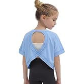 Wenlia Girls Athletic Shirts Open Back Athletic Crop Tee | Girls short sleeve athletic tops, moisture wicking workout t-shirts for 5-14Y, running, tennis, dance, gym and yoga