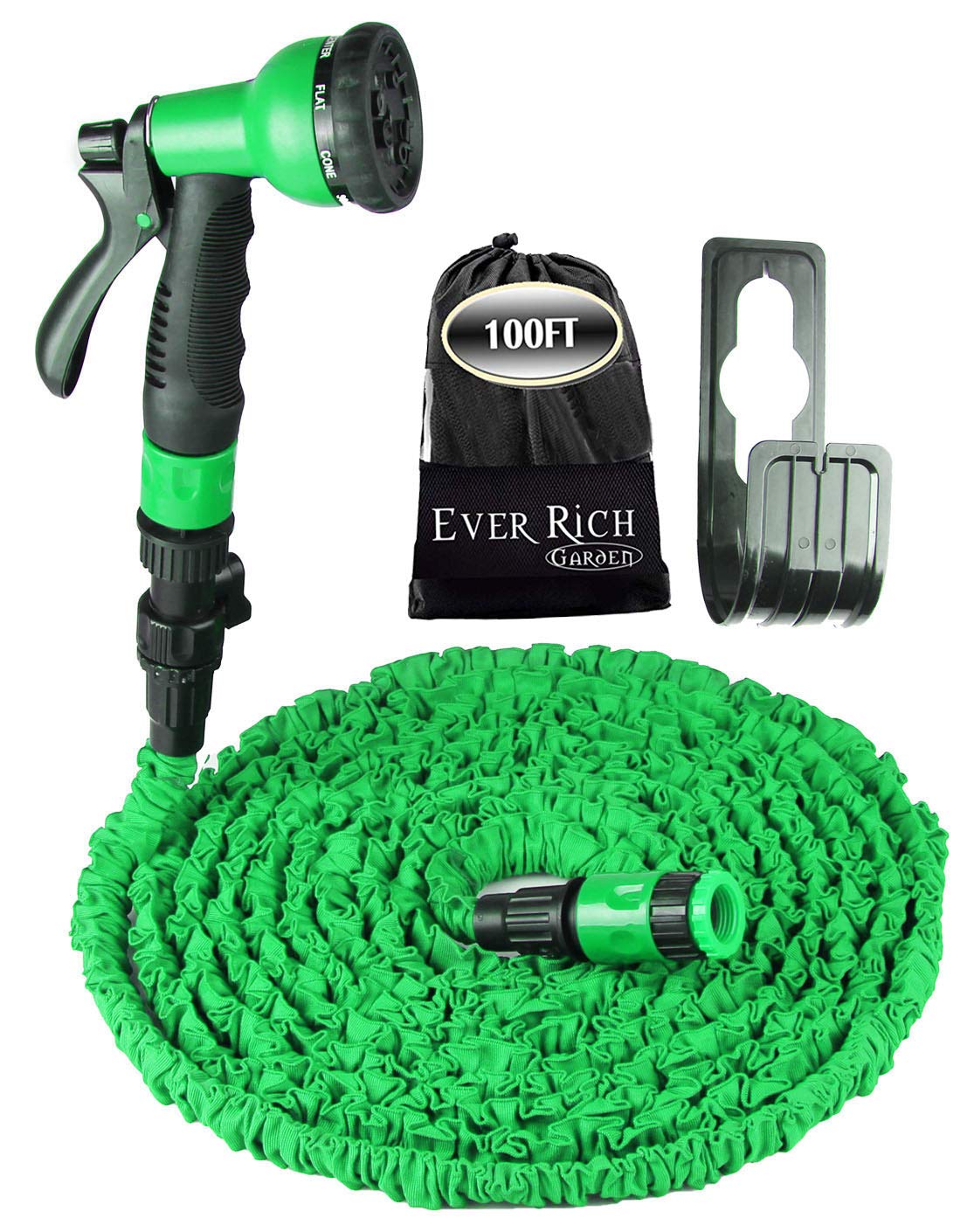 Ever Rich ® 100 Feet Newest Expandable Strongest Hose with & 8 Pattern Spray Nozzle (Green + Holder)