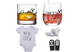 AXQANIA Pregnancy Gifts for First Time Moms – Mom and Dad Est 2025 11 oz Whiskey Glass Gift Set with Romper (0-3 Months) and Baby Socks ​- Top New Parents Gifts for Mom and Dad to Be - Baby Shower