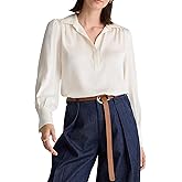 Womens Cream Dressy Casual Satin Blouse Split V Neck Long Sleeves Shirt Office Work Business Tops