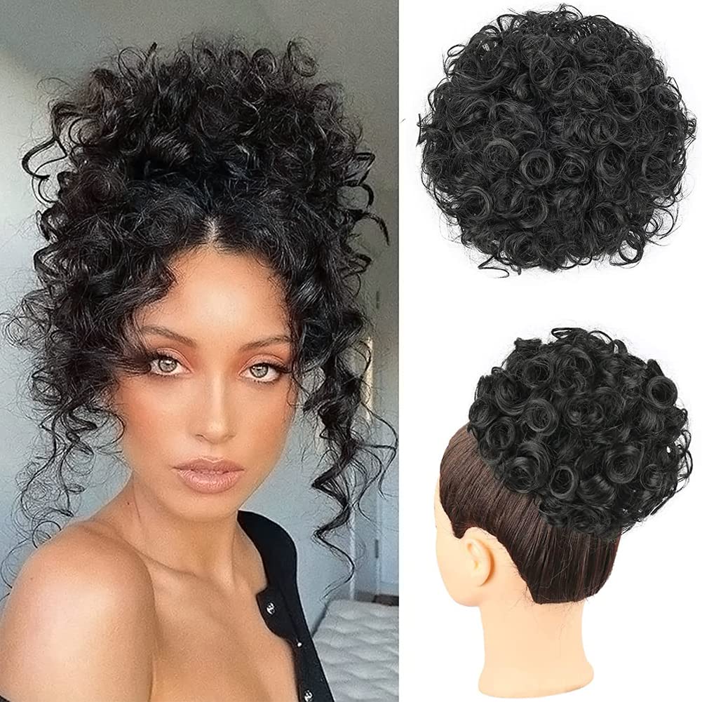 PORSMEER Messy Bun Short Curly Elastic Drawstring Ponytail Extension, Loose Hair Bun Hair Pieces Dark Black for Women,Natural Synthetic Hair Chignons Afro Puff Ponytail Bun โ image 1