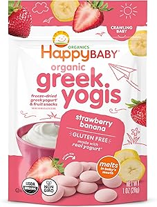 Happy Baby Organics Baby Snacks, Greek Yogis, Freeze Dried Yogurt & Fruit Snacks, Gluten Free Snack for Babies 9+ Months, Str