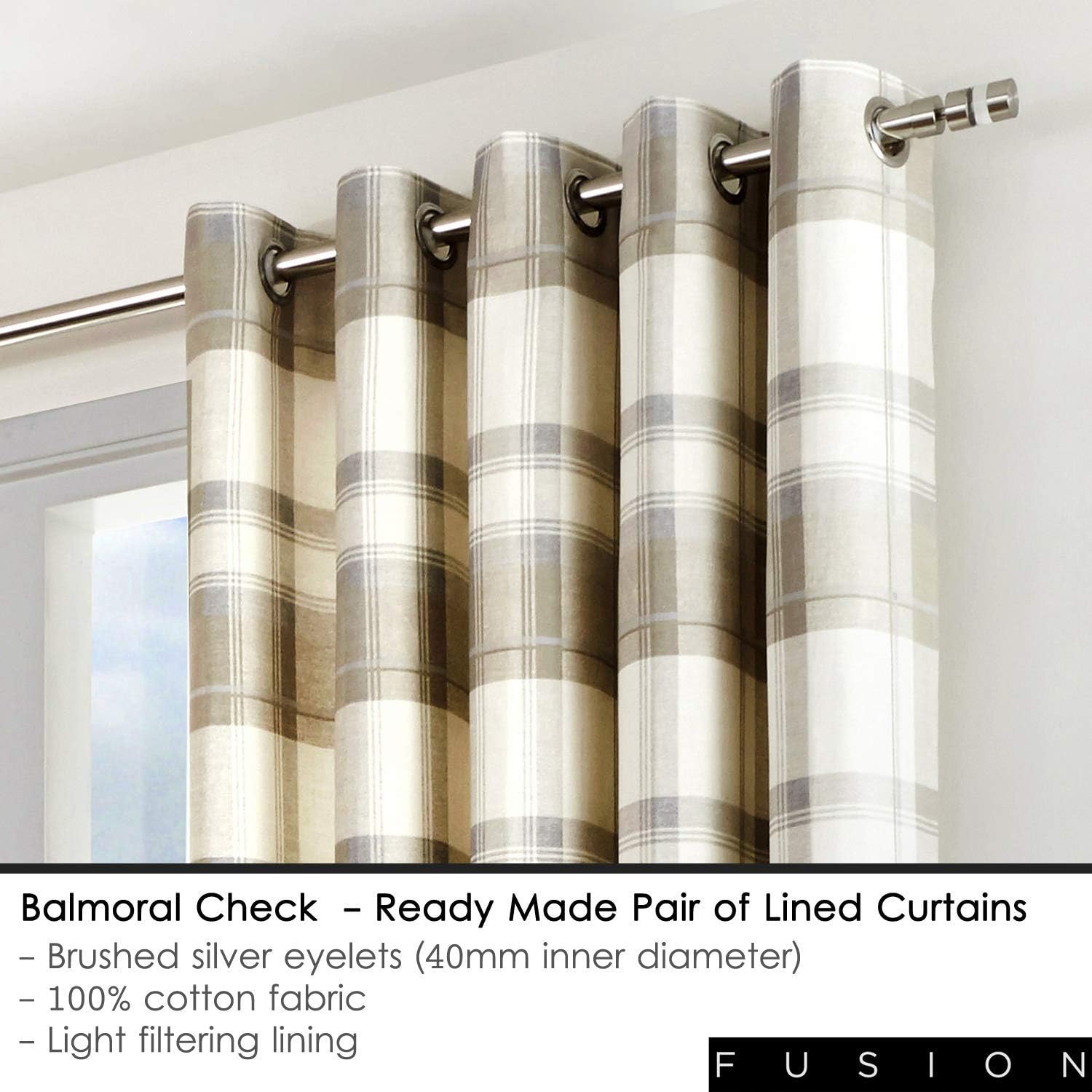 Fusion - Balmoral Check - 100 Percent Cotton Pair of Eyelet Curtains - Natural, Curtains: 66" Width x 72" Drop (168 x 183 cm), Nautral - Image 3