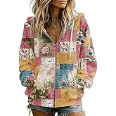 OSCORP Women's Floral Patchwork Zip-Up Hoodie – Vintage Boho Print Sweatshirt for Casual Fall Outfits