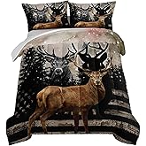 HOSIMA Snowy Forest Deer Comforter Set with 2 Pillowcases,Camo American Flag Twin Bed in a Bag Hunting Bedding Set for Teen Mens Bedroom Essentials,Wildlife Elk Comforter Boys Room Decor.