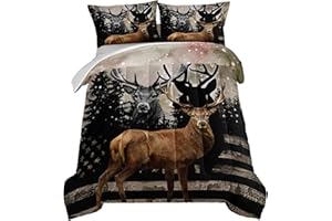 HOSIMA Snowy Forest Deer Comforter Set with 2 Pillowcases,Camo American Flag Twin Bed in a Bag Hunting Bedding Set for Teen Mens Bedroom Essentials,Wildlife Elk Comforter Boys Room Decor.