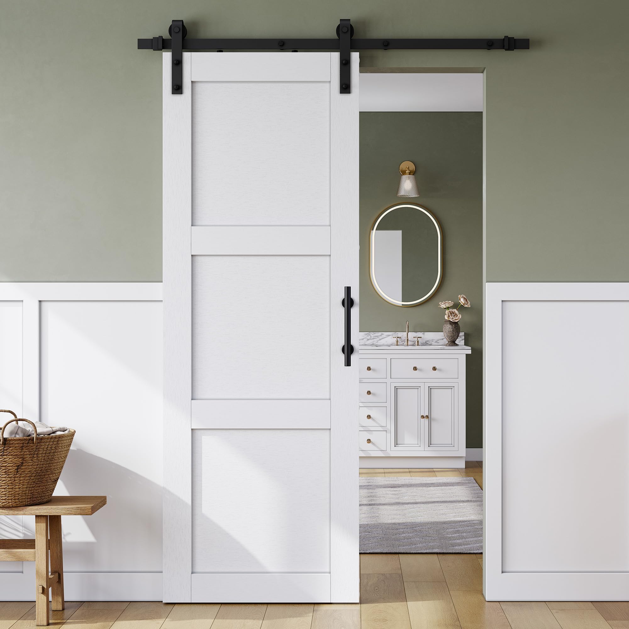 Photo 1 of SmartStandard 30in x 84in Sliding Barn Door with 5FT Barn Door Hardware Track Kit & Handle, Waterproof PVC Surface, Pre-Drilled Holes Easy to Assemble, White, Solid, MDF, 3 Panel
