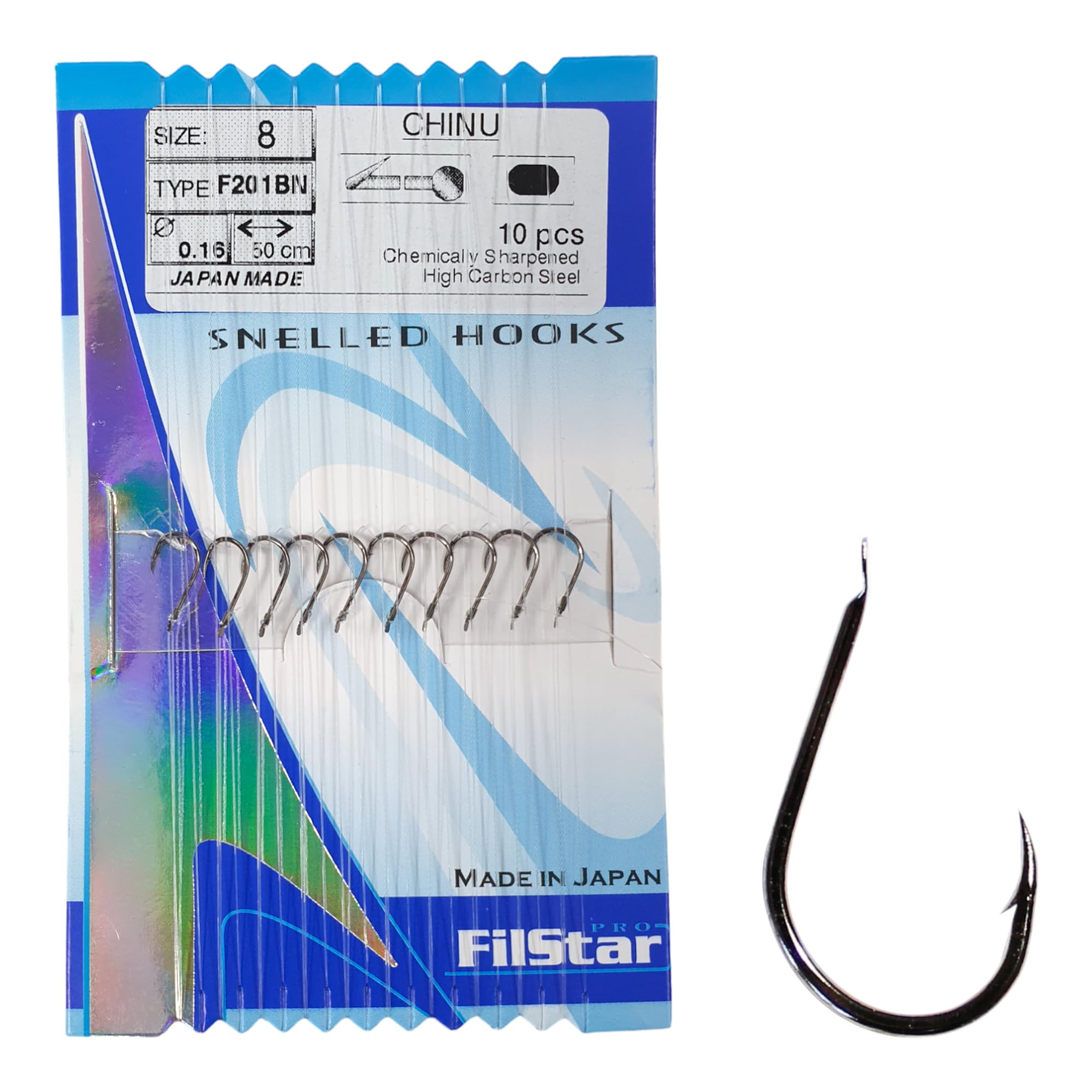 PRO FILSTAR Fishing Hook Set with Leader 10 Pieces, N8 - Tied Hooks with Mono Fishing Line 50 cm, Diameter 0.16 mm - Carp Fishing, Coarse Fishing Accessories - Carp Fishing Hooks - Fishing Accessories