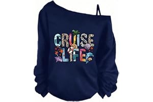 Women’s Off Shoulder Graphic Sweatshirt Cruise Life Print – Beach Vacation Casual Loose Fit Long Sleeve Top