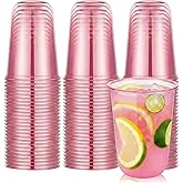 Ziliny 50 Pcs 16oz Disposable Stemless Glasses Crystal Plastic Wine Glasses Clear Classic Pet Cup for Meeting Weddings Birthdays Cocktail Christmas Party Supplies(Pink)