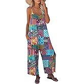 KMAZN Womens Casual Loose Sleeveless Bohemian Beach Jumpsuits Spaghetti Strap Wide Leg Rompers with Pockets LTK
