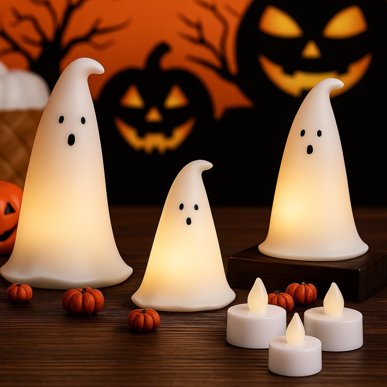 Photo 1 of ****Factory Seal****
Colingmill Halloween Resin Ghost Figurine with 3 LED Tea Lights, Ghost Candle Holder Set of 3, Spooky Tabletop Indoor Halloween Light up Decor for Holiday Party, White Hollow Spooky Sculptures