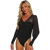 Allegra K Glitter Bodysuit for Women's Lantern Sleeve Concert Party Mesh Body Suits Tops