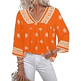 SHEWIN Womens Summer Tops Casual Retro Print V Neck 3/4 Sleeve Boho Vacation Blouses Shirts