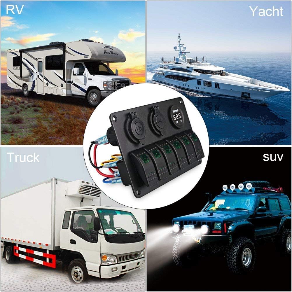 WATERWICH 6 Gang Marine Ignition Toggle Rocker Switch Panel Waterproof with Digital Voltmeter 3.1A Dual USB Charger Cigarette Lighter Socket for RV Car Boat Vehicles Truck Trailer Yacht(6 Gang Green): Automotive