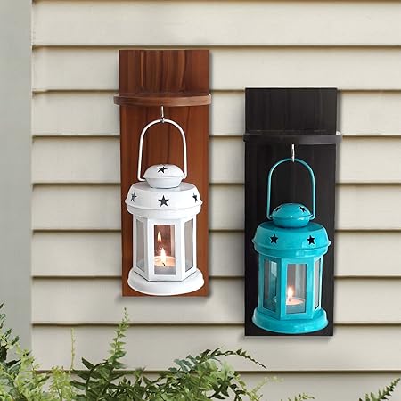 Tied Ribbons Garden Decor Hanging Lantern Candle Holder With Wooden Shelve (Set Of 2)