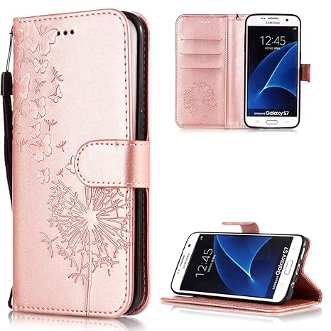 FNBK Hülle Kompatibel mit Samsung Galaxy S7 Edge Hülle Leder Rosegold Löwenzahn Blumen Handyhülle Holster Leder Flip Wallet C