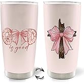 MOTERMATE Christian God is Good Pink Bow Cross 20oz Travel Coffee Mug Tumbler, Christian Easter Tumbler Gifts for Women Kids, Preppy Stuff, Pink Preppy Water Stainless Steel Tumbler with Lid and Straw
