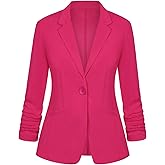 Womens Hot Pink Blazer One Button Notched Lapel Suit Jackets Ruched 3/4 Sleeve Lightweight Pocketed Blazer, L