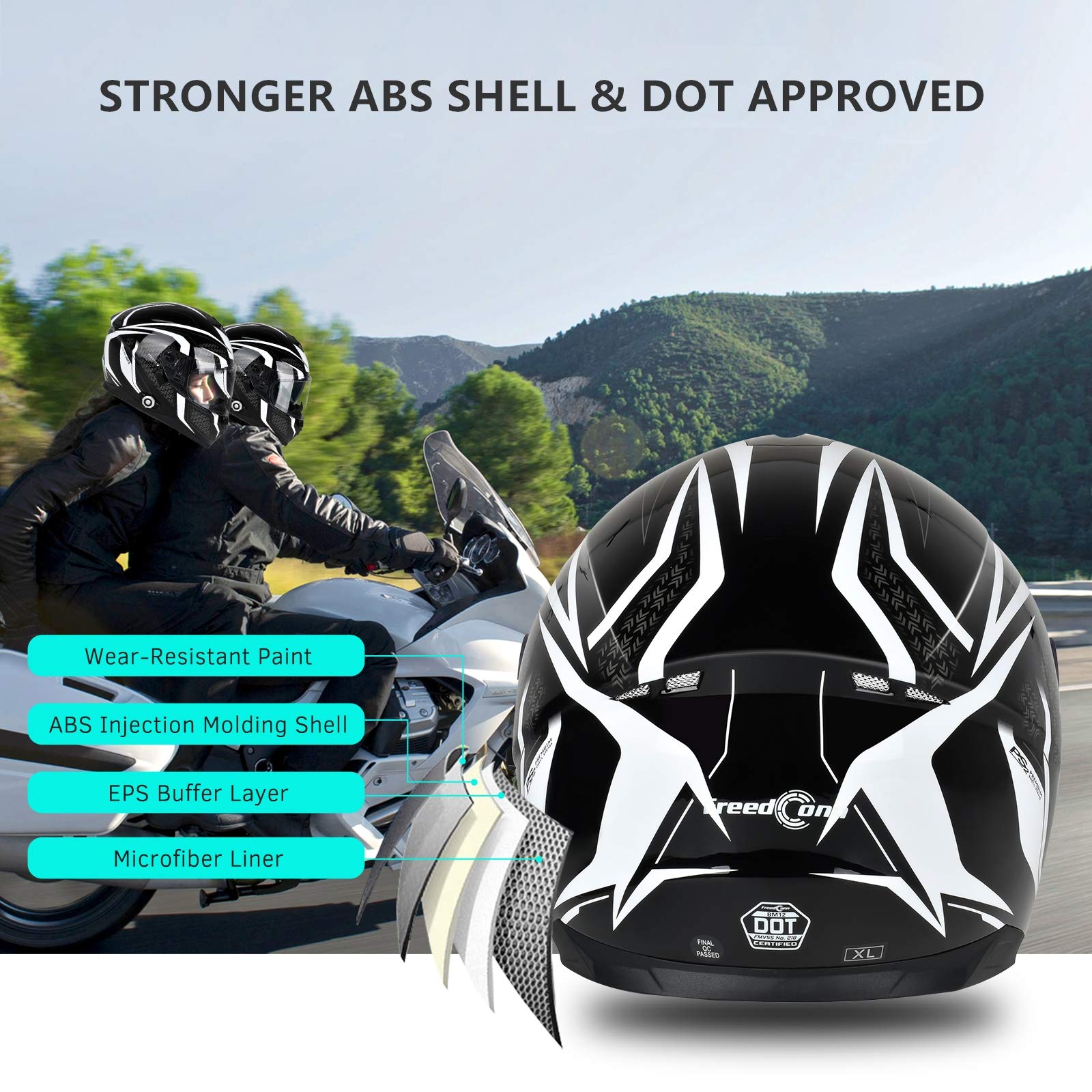 Bluetooth Motorcycle Helmet FreedConn BM12 DOT Full Face Bluetooth Helmets Motorcycle Dual Visor Helmet with Integrated Intercom System/ 2~3 Riders Pair/ 500M/ FM (Black & White, XL)