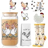XiQiCYun Chicken Lover Gifts for Women, Funny Crazy Chicken Lady Accessories, 16oz Iced Coffee Glass Cup with Lid and Straw, 2 Chicken Straw Covers, Chicken Stickers, Coaster, Towel, Socks