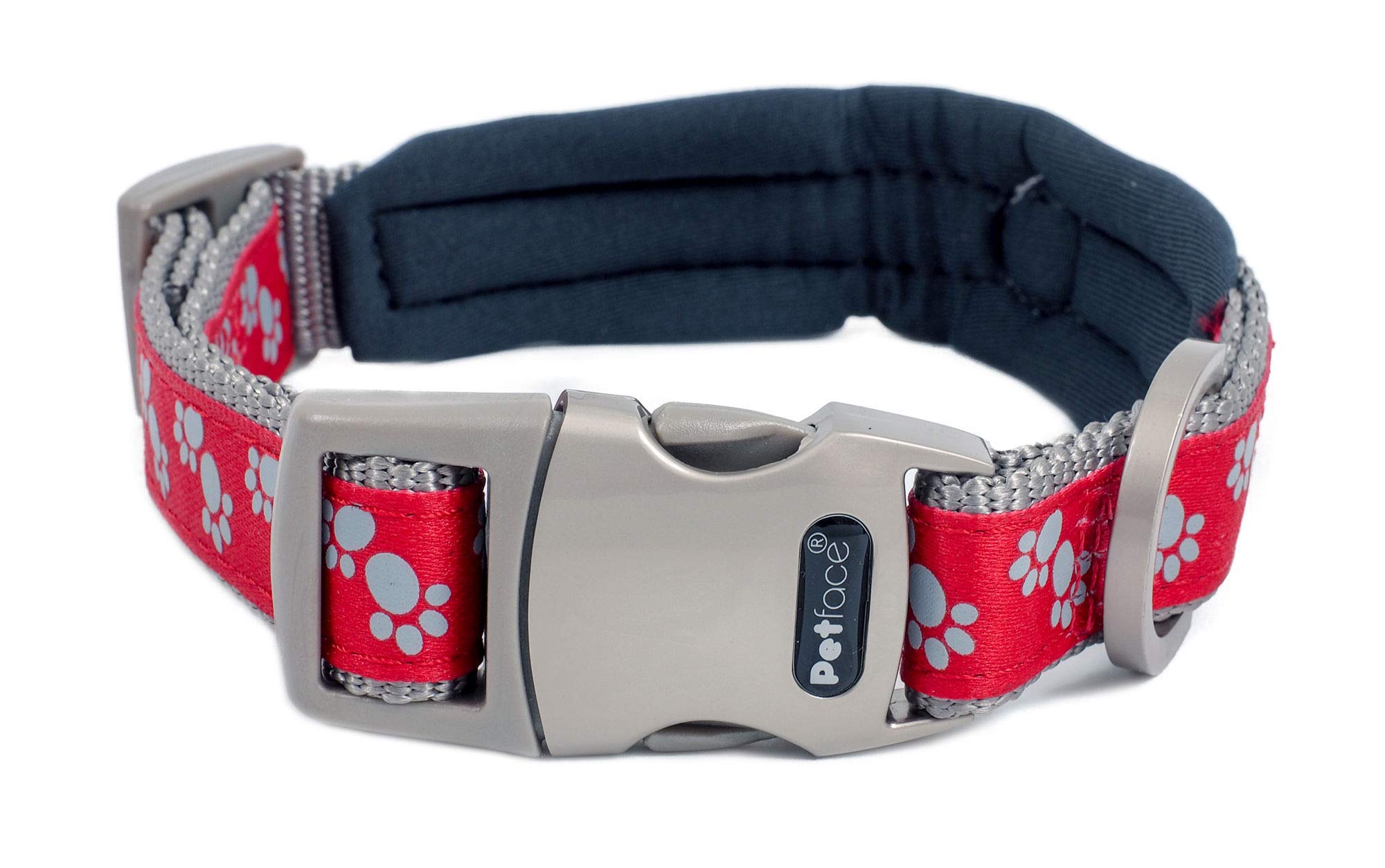 Petface Signature Padded Dog Collar, Small, Red With Grey Paws — image 1