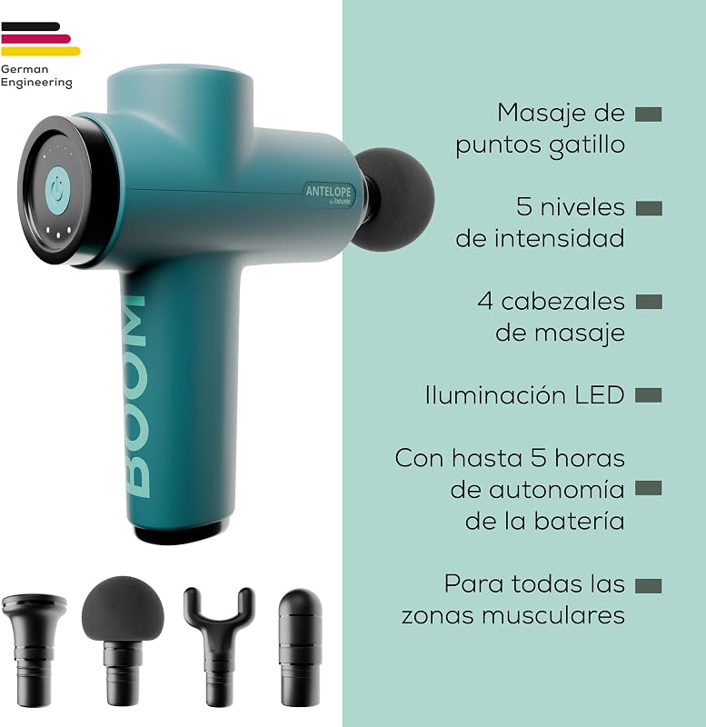 Antelope BOOM Arma de Massagem Muscular, Pistola de Massagem Compacta com 4 acessórios, para relaxamento e regeneração, massagem poderosa nos pontos gatilho, 5 níveis de intensidade e bateria