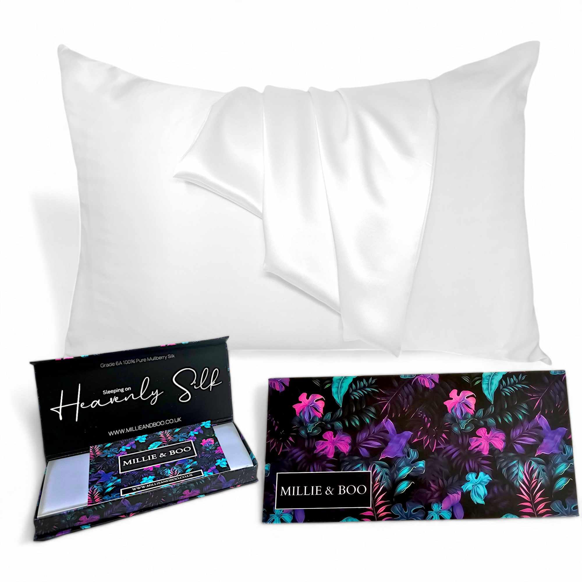 Millie & Boo Silk Pillowcase - 22 Momme Organic Silk Pillowcases for Hair and Skin, White 50x75cm with Zipper Closure & Gift Box - Luxury Pillow Case for Women, 6A Grade