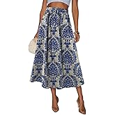 Magritta Women's Print Midi Skirt with Pocket Elastic High Waist 2026 Trendy A-Line Bohe Leopardr Swing Skirts for Women