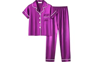 UNICABBIT21 Cute Satin Pajamas for Big/Tween Girls Silk Button Down Short Sleeve & Pants PJS Clothes Nighty Size 8-16