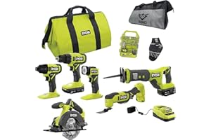 6 Power Tools Combo Kit Bundle with Buho Tool Bag, and Holster, 6 Ryobi Tools, 2 Batteries, Charger, and 40 Piece Drill Bit Set