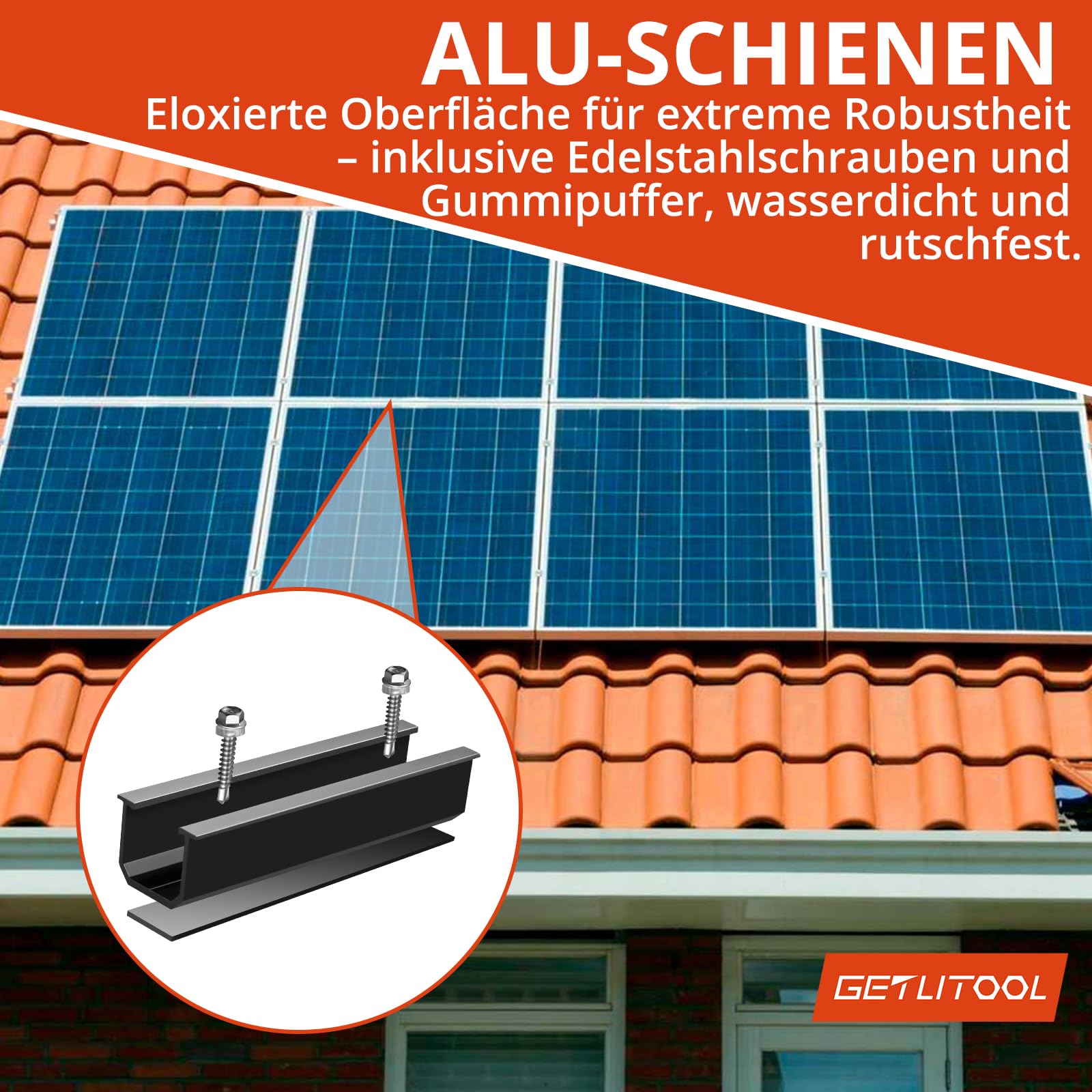 GETLITOOL Solarmodul Halterung, PV Halterung Montageset zur Montage 2 Module-12cm Alu Schiene, Verstellbare Klemme für 30-35MM Module, Solarpanel Halterung Flachdach Trapezblech Ziegeldach| Schwarz 3
