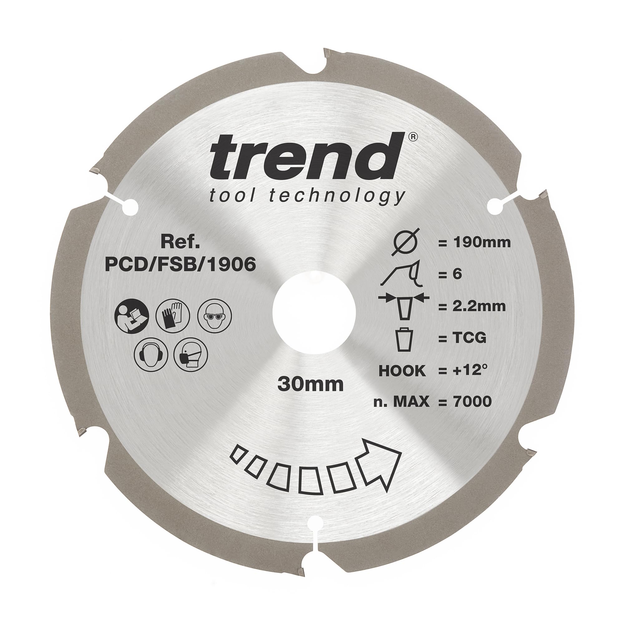 Trend PCD Fibre Cement Circular Saw Blade, 190mm Diameter, 30mm Bore, 6 Teeth, 2.2mm Kerf, +12° Hook, PCD, Coarse Finish, PCD/FSB/1906