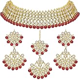 Aheli Bollywood Style Faux Kundan Beaded Choker Necklace Dangle Earrings Maang Tikka Indian Jewellery Set Gift for Women