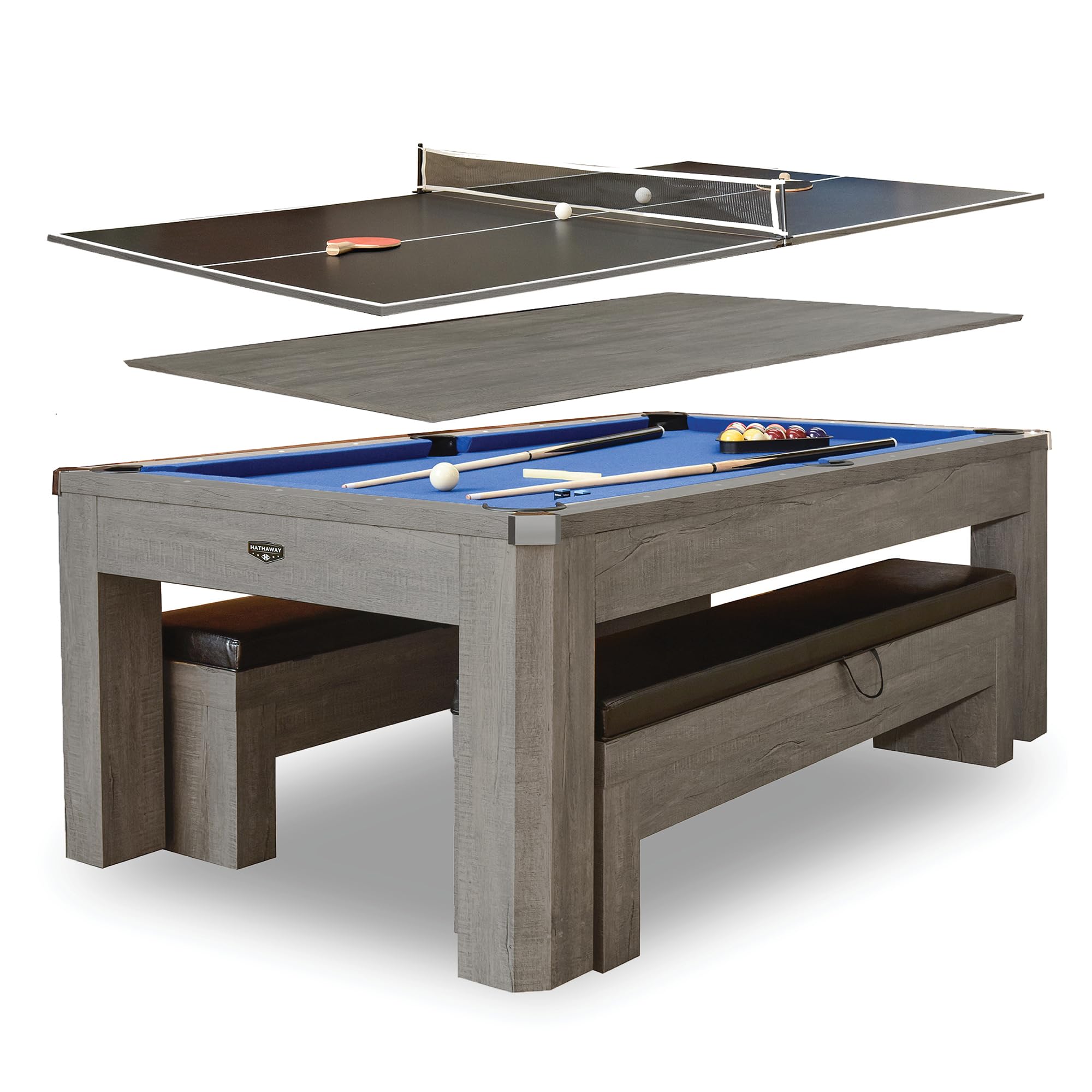 Photo 1 of (truck/trailer pick up only)
Hathaway Newport 7 Foot Dining Pool Table Combo with Game Accessories, & 2 Benches – Multifunctional Billiards Table with Ping Pong & Dining Top - Rustic Gray Finish, Blue Felt, Chrome Accents