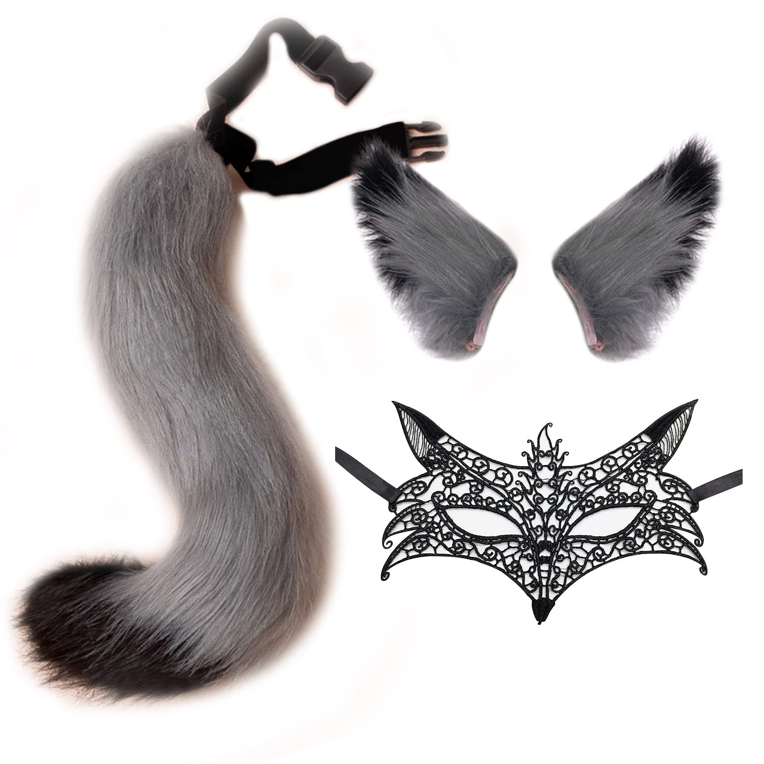 DRESHOW Faux Fur Wolf Tail Cat Ears Hair Clip Lace Masquerade Mask Set Wolf Fox Cosplay Costume Animal Dress Up Fancy Dress Accessories Halloween Role Play Party Costume