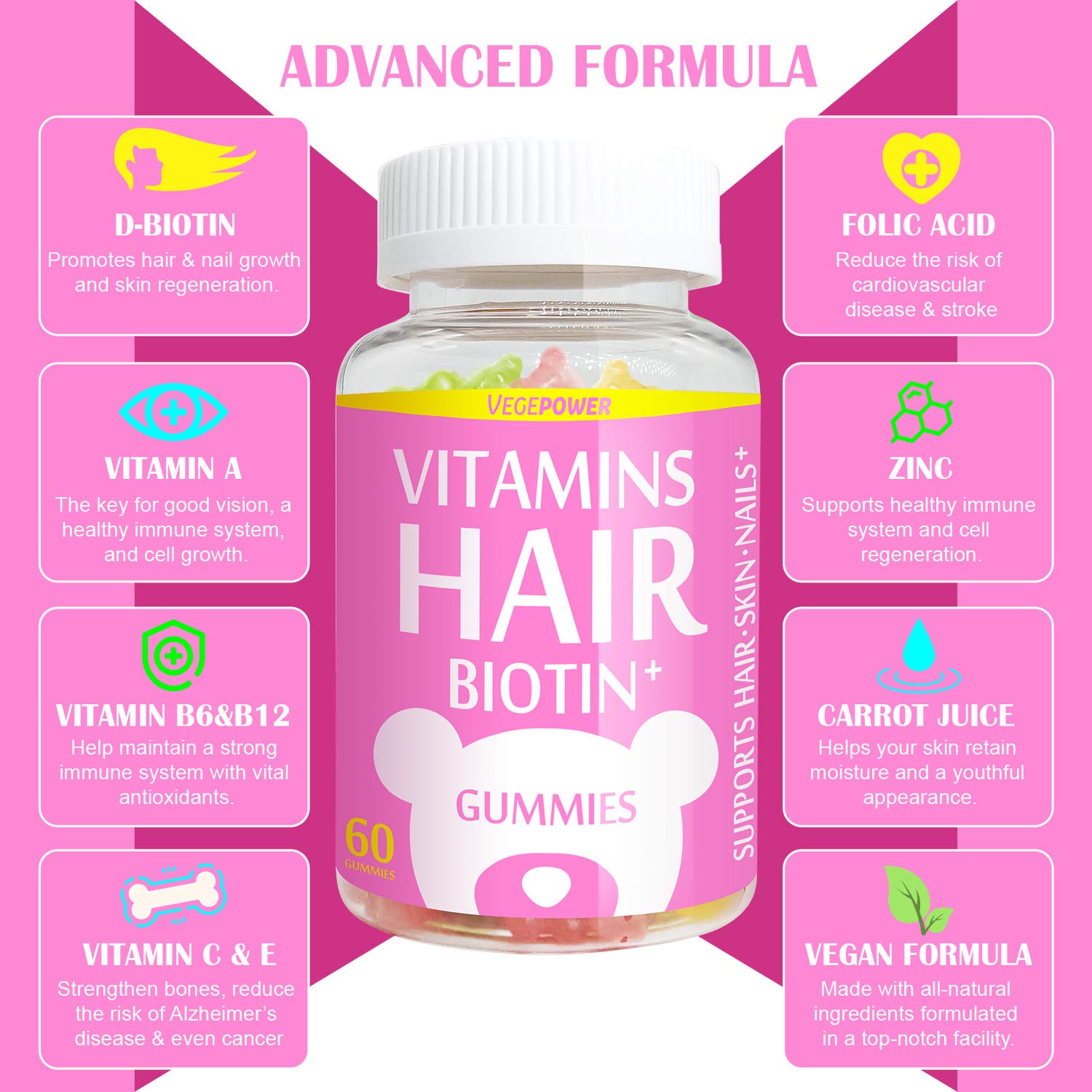 VegePower Hair Skin and Nails Vitamin Gummies-Biotin 10,000mcg [Highest Potency] for Hair Growth-Vegan Hair Bear Gummy for Women & Men,Non-GMO,Gluten-Free,Hair Thicken Supplement