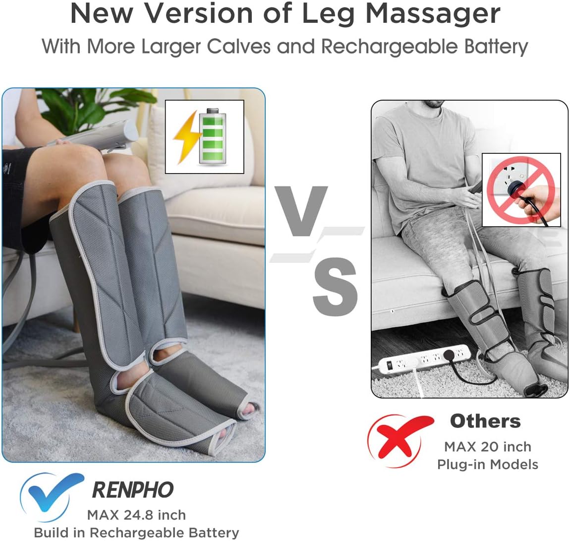 RENPHO Leg Compression Massager for Circulation and Relaxation, Rechargeable Air Compression Foot and Calf Massage, with 3 Intensity 2 Modes, Useful for Leg Muscle Fatigue Relief for Home Office: Health & Personal Care