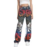 Womens Y2k Rose Print Wide Leg Jeans Loose Fit Hip Hop Baggy Trousers Vintage Pants